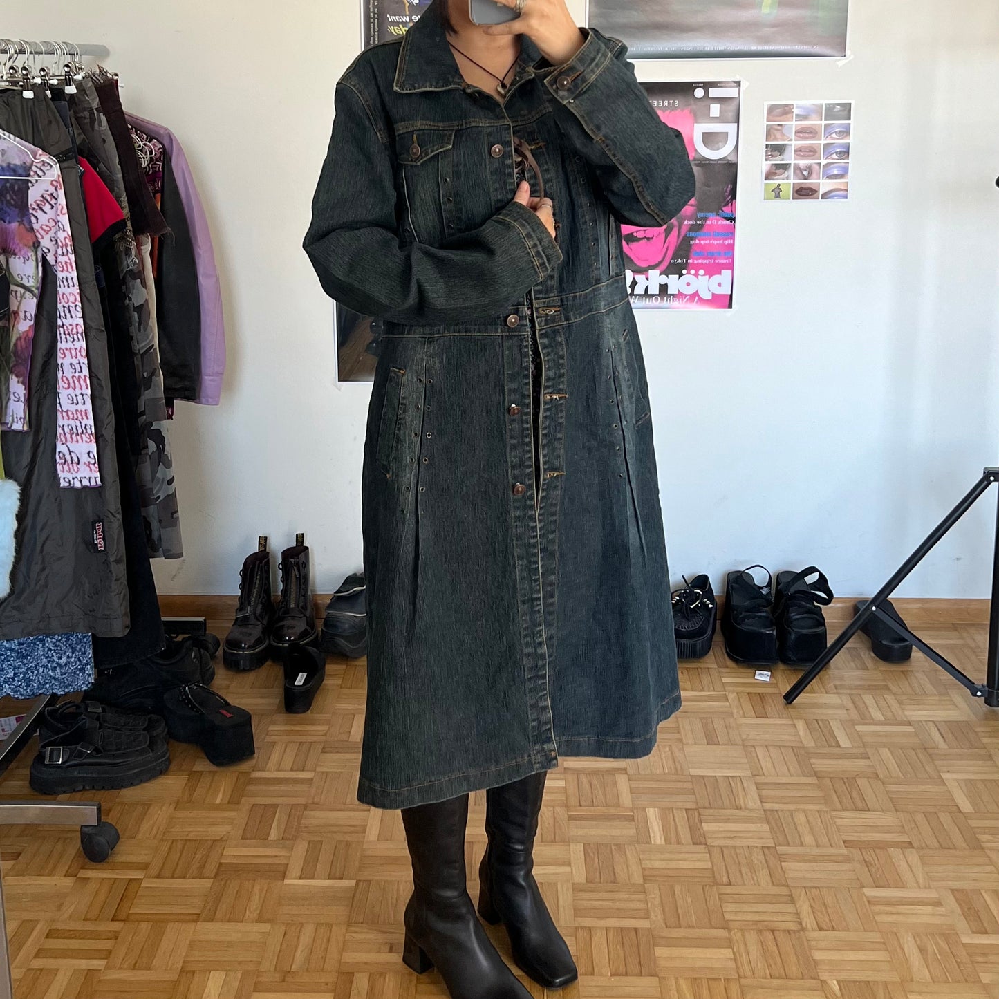 Vintage 90’s Hippie Dark Wash Long Denim Coat (M/L)