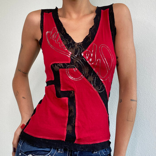 Vintage 90's Rave Red and Black Lace Patchwork Top (M)