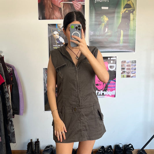 Vintage 90's Grunge Techwear Khaki Hooded Cargo Dress (S/M)