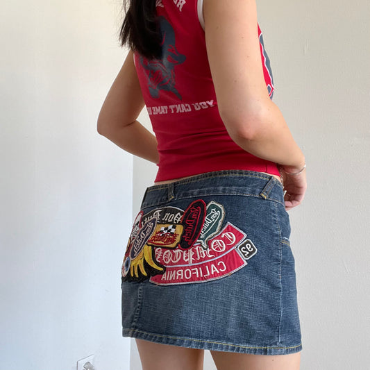 Vintage 90's Archive Von Dutch Funky Patch Denim Mini Skirt (S/M)