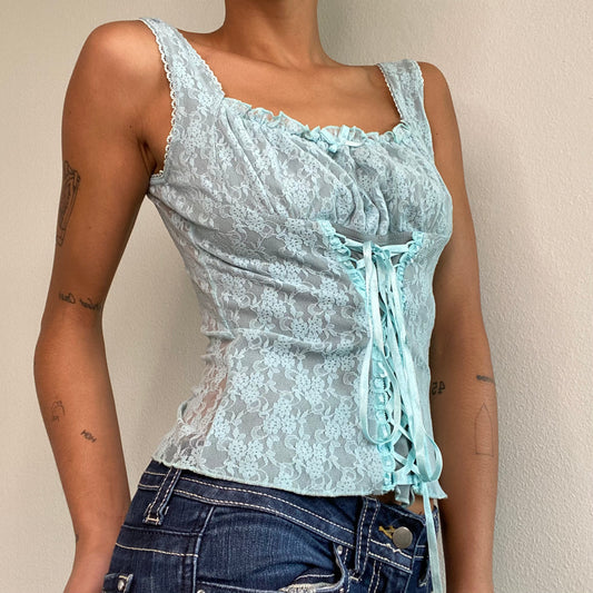 Vintage 90's Romantic Baby Blue Lace Corset Top (S/M)