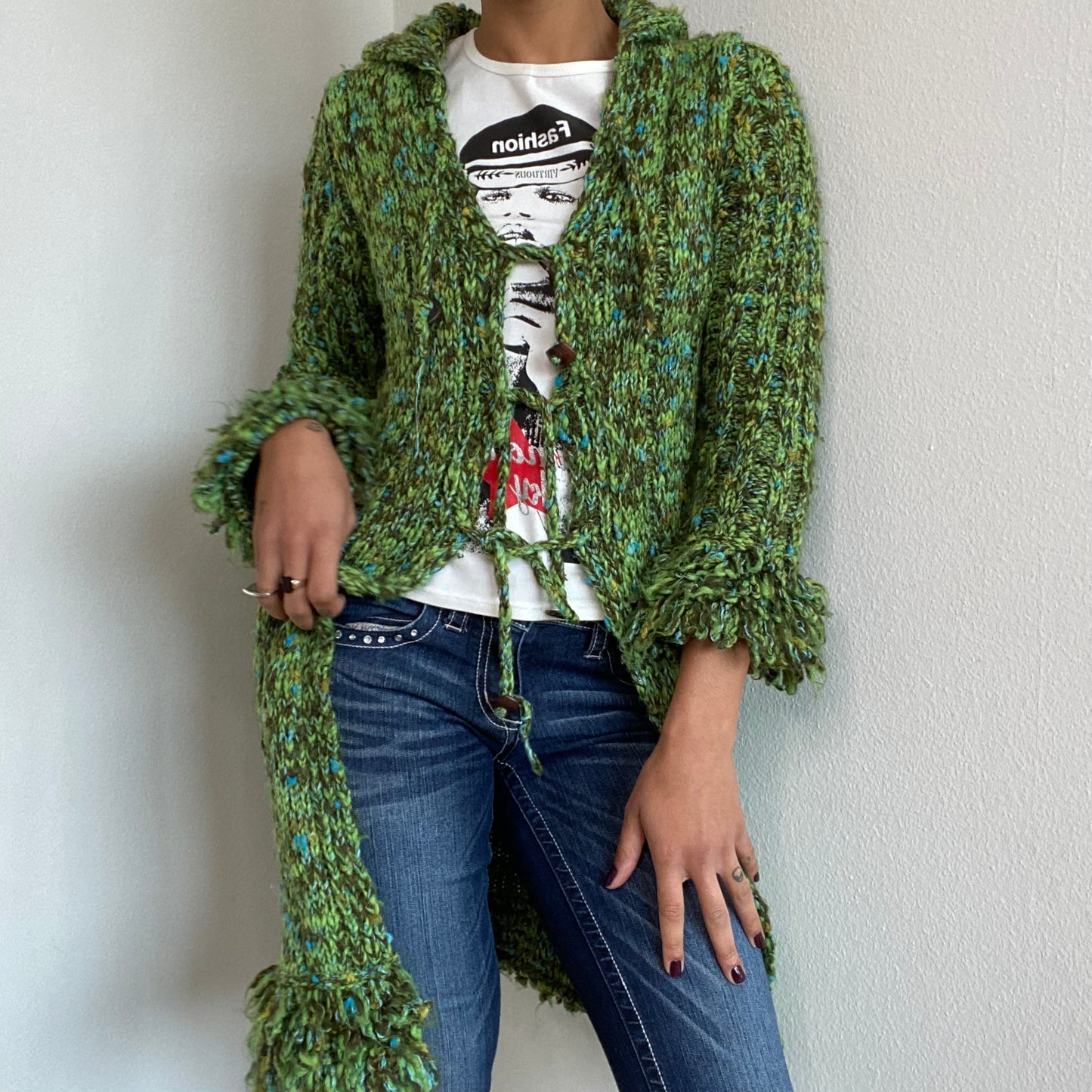 Vintage 90's Miss Sixty Green Hippie Long Knit Cardigan (XS/S)