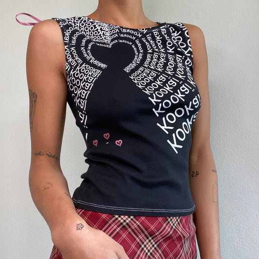 Vintage 90's Kookai Heart Logo Print Black Tank Top (XS/S)