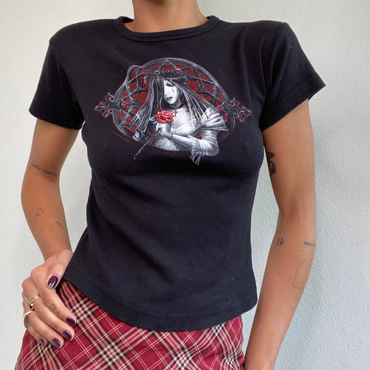 Vintage 90's Mall Goth Black Baby Tee with Woman Print (S/M)