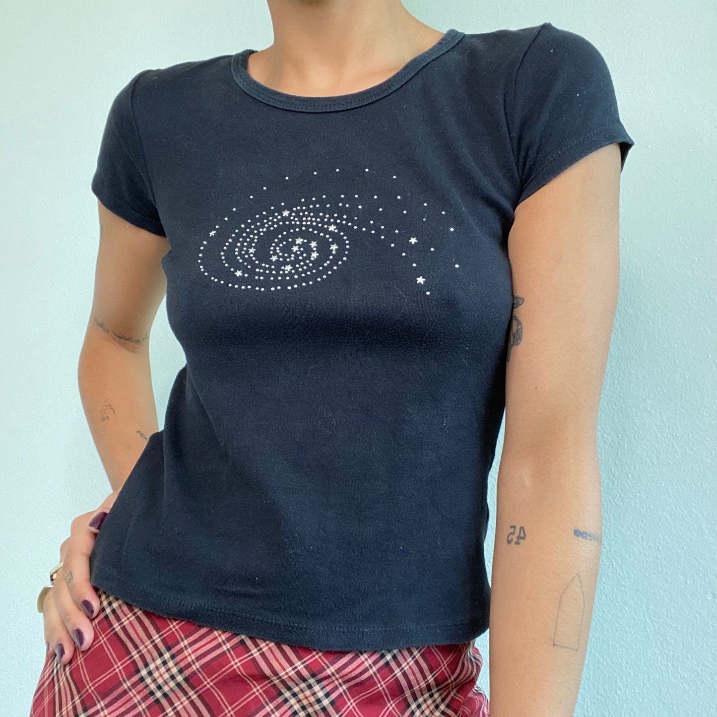 Vintage 90's Skater Black Baby Tee with Galaxy Diamante Print (S)