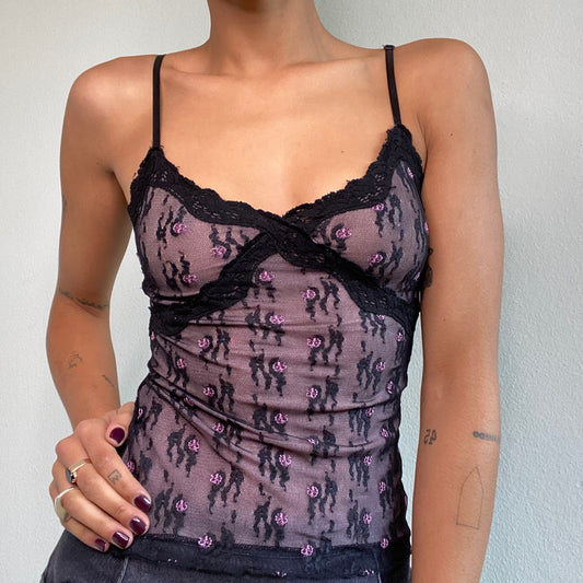 Vintage 90's Romantic Goth Pink and Black Lace Cami Top (XS/S)