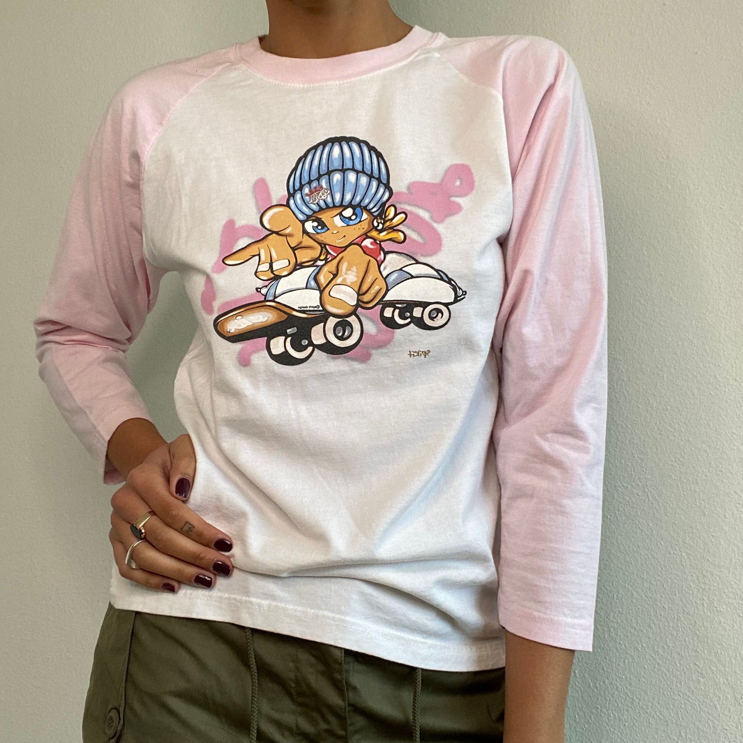 Vintage 90's Skater White and Pink Longsleeve Top with Skater Girl Print (S/M)