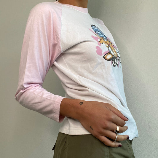 Vintage 90's Skater White and Pink Longsleeve Top with Skater Girl Print (S/M)