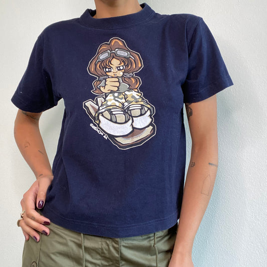 Vintage 90's Skater Navy T-Shirt with Skater Girl Print (S/M)