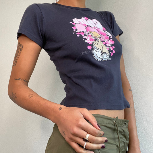 Vintage 90's Skater Black Baby Tee with Skater Girl Print (S/M)