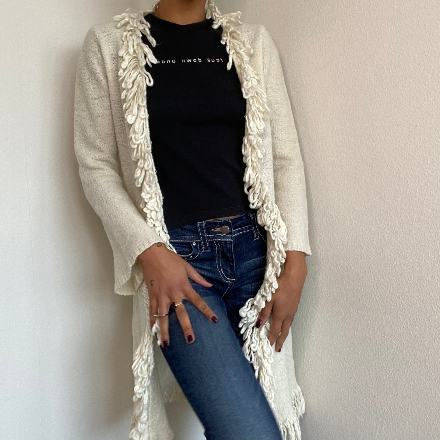 Vintage 90's Hippie White Long Shaggy Knit Cardigan (S)