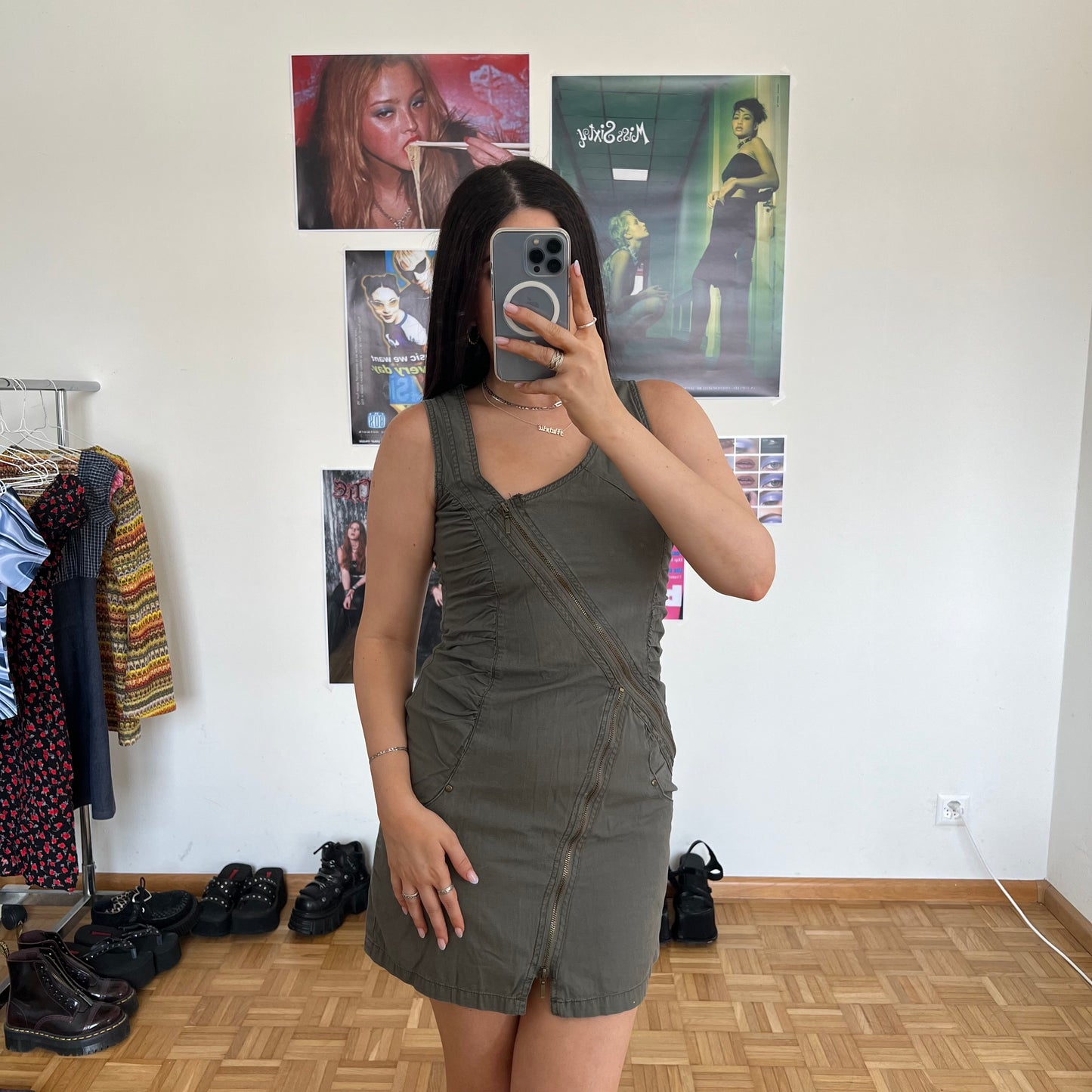 Vintage 90's Archive Khaki Cargo Zip Dress (36 EU / UK 8 / US 4)