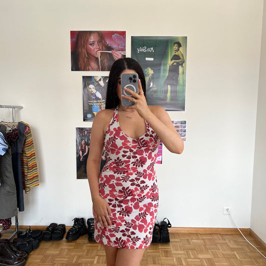 Vintage 90's Summer Pink Hawaiian Print Halter Dress (S)