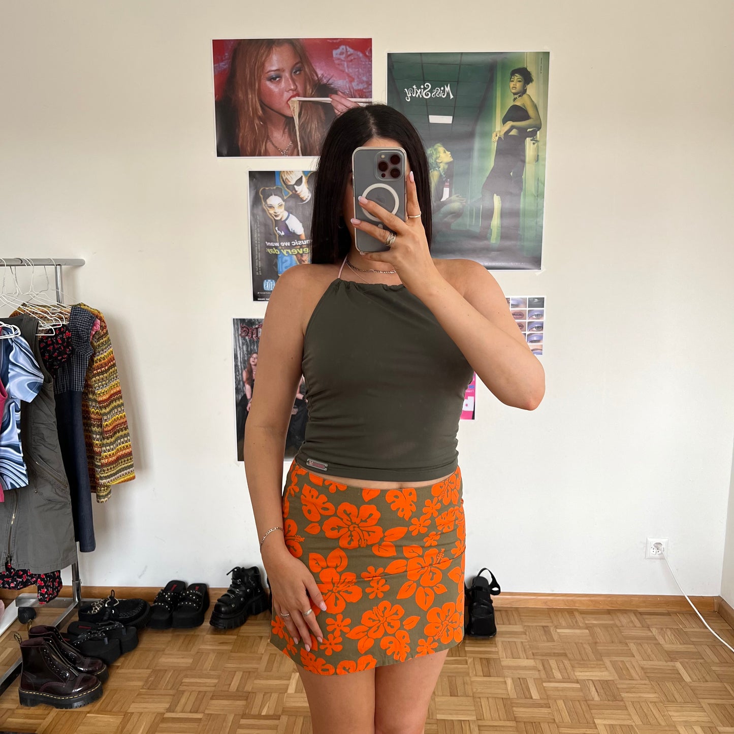 Vintage 90's Summer Hawaiian Orange and Khaki Skirt (36 EU / UK 8 / US 4)