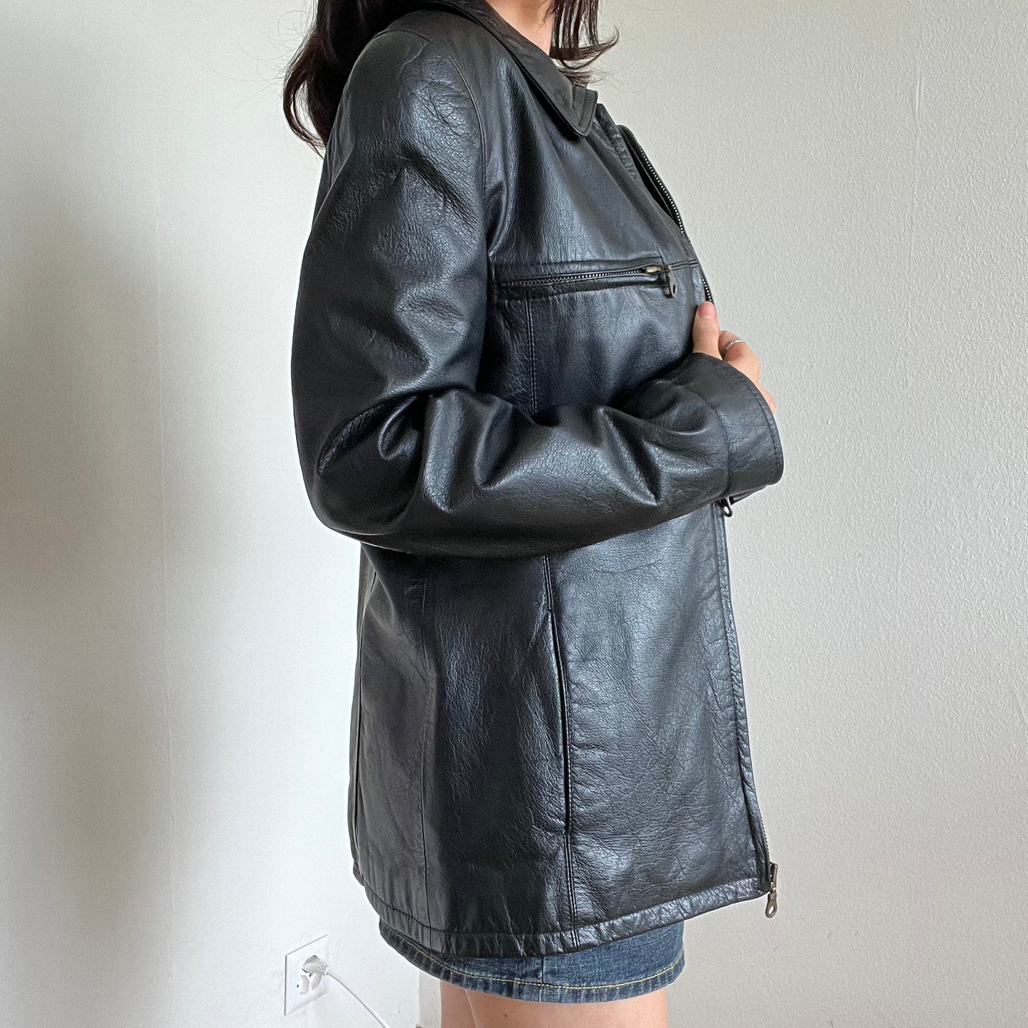 Vintage 90’s Model off Duty Black Oversized Fit Leather Coat (S/M)