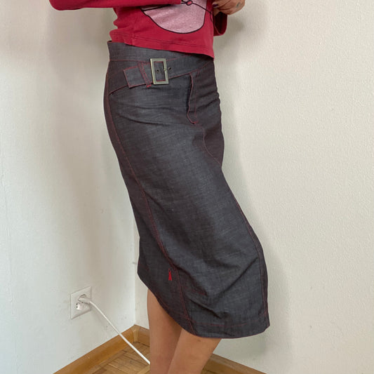 Vintage 90's Archive Cop Copine Denim Midi Skirt with Red Stitching and Buckle Detail (S)