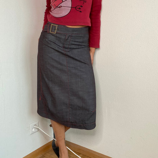 Vintage 90's Archive Cop Copine Denim Midi Skirt with Red Stitching and Buckle Detail (S)