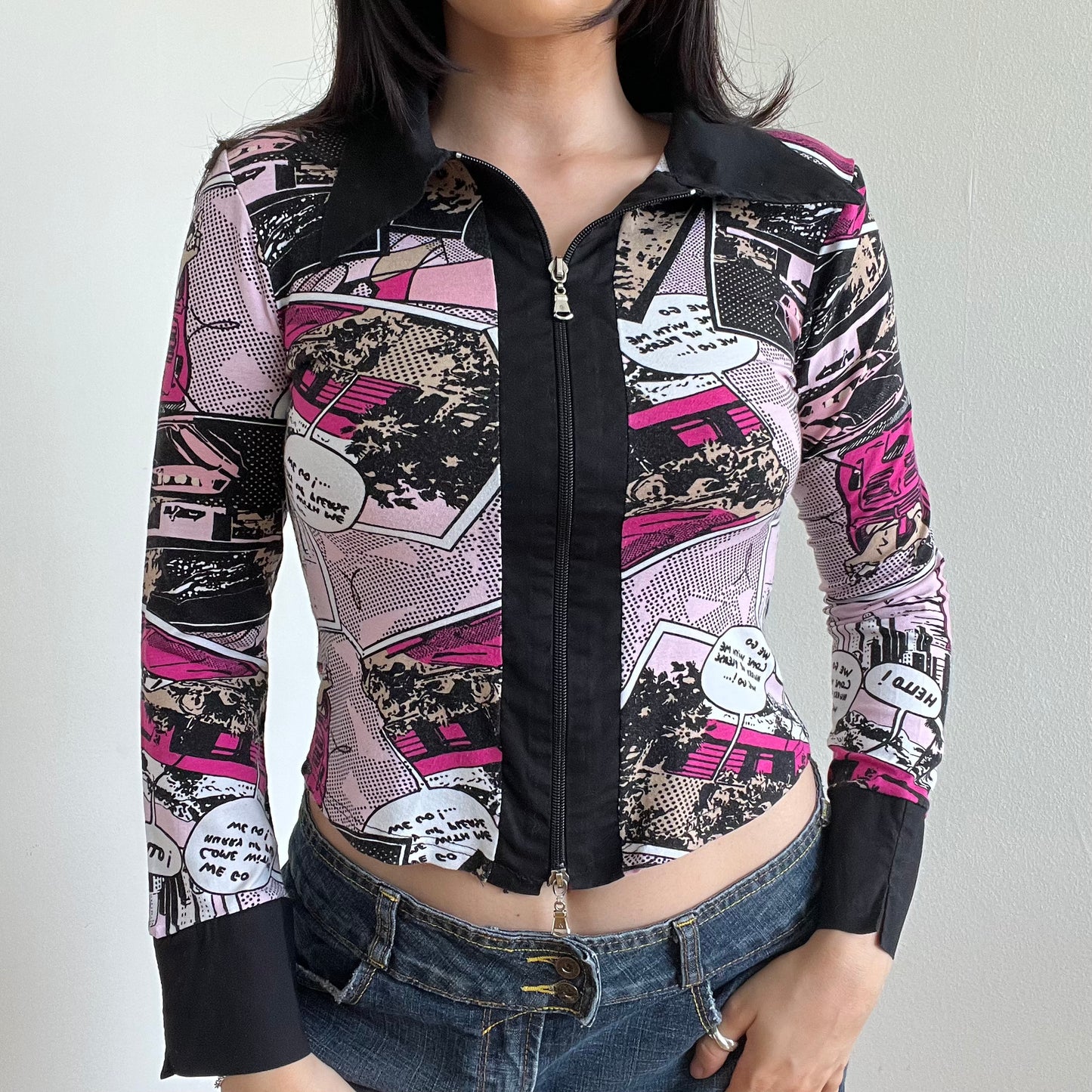 Vintage 90’s Funky Comic Print Double Zip Blouse (S)