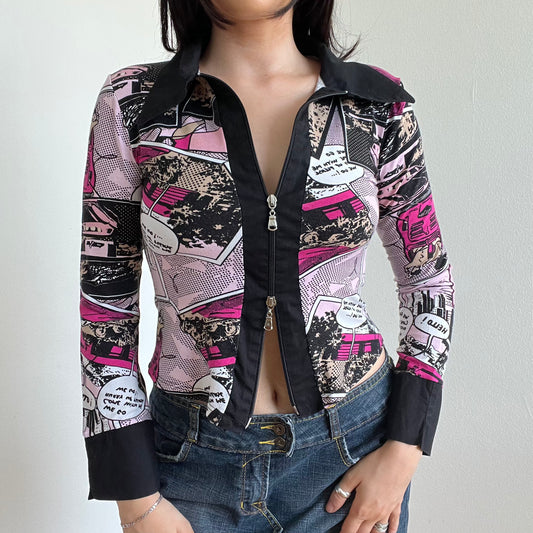 Vintage 90’s Funky Comic Print Double Zip Blouse (S)