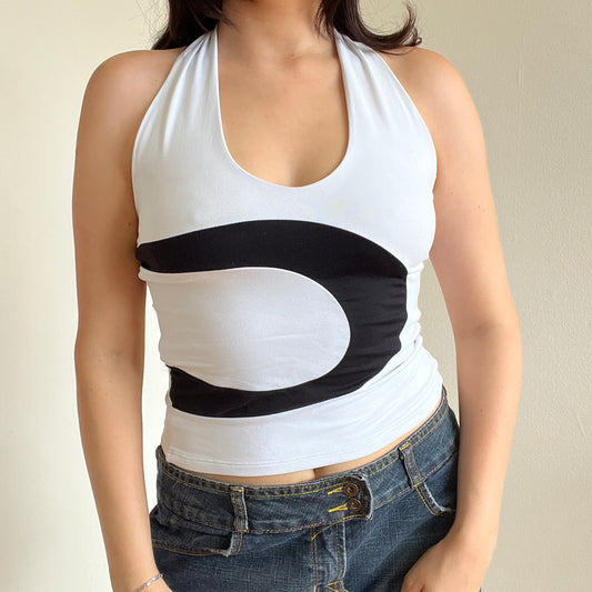 Vintage 90’s Techwear White Halter Neck Top with Black Wave Print (XS/S)