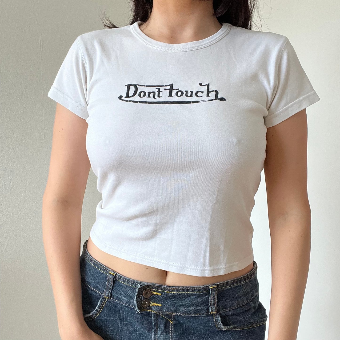 Vintage 90’s Skater White Baby Tee with 'Don't Touch' Print (S/M)