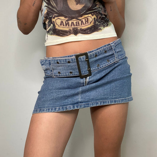 Vintage 90's Rockstar Denim Mini Skirt with Big Buckle Belt (S)