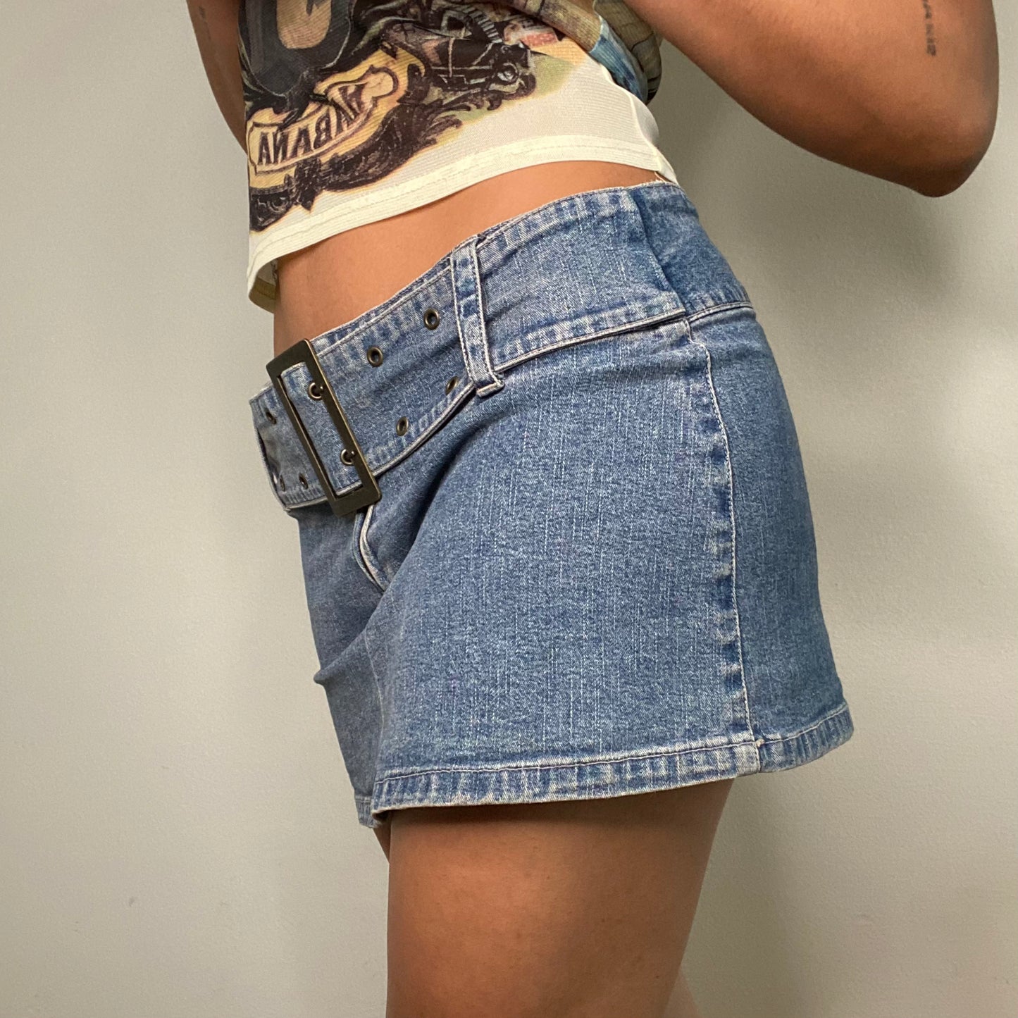 Vintage 90's Rockstar Denim Mini Skirt with Big Buckle Belt (S)