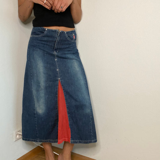 Vintage 90's Funky Denim Maxi Skirt with Red Detail (S)