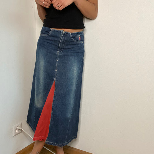 Vintage 90's Funky Denim Maxi Skirt with Red Detail (S)