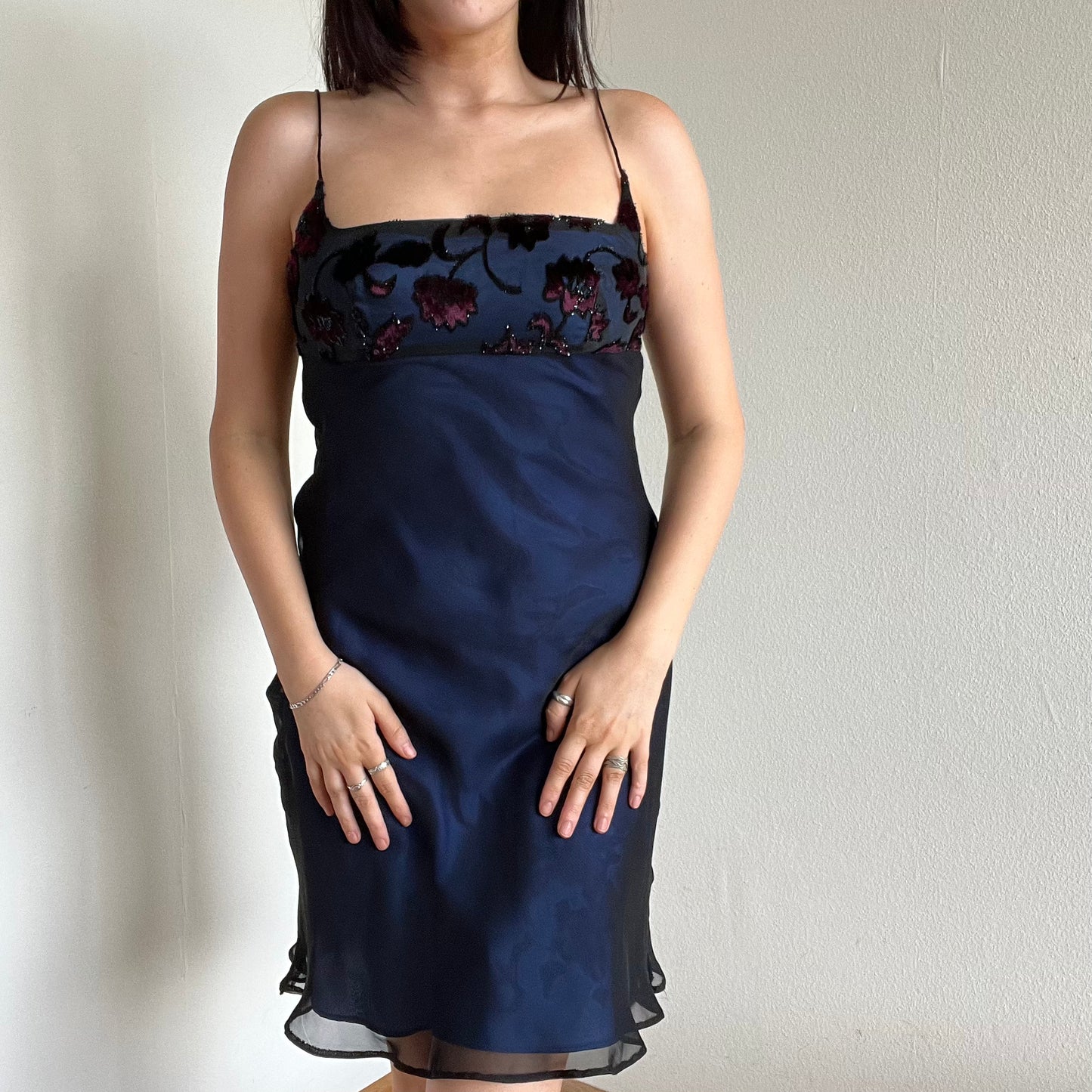 Vintage 90's Whimsigoth Navy Mini Dress with Floral Embroidery (M)