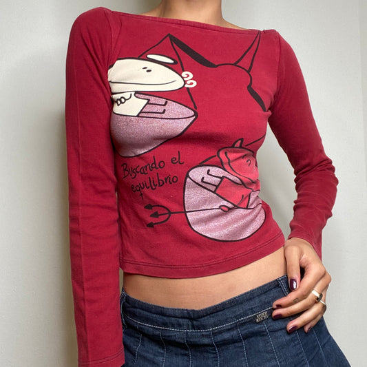 Vintage 90's Skater Red Longsleeve Top with Angel and Devil Print (S)