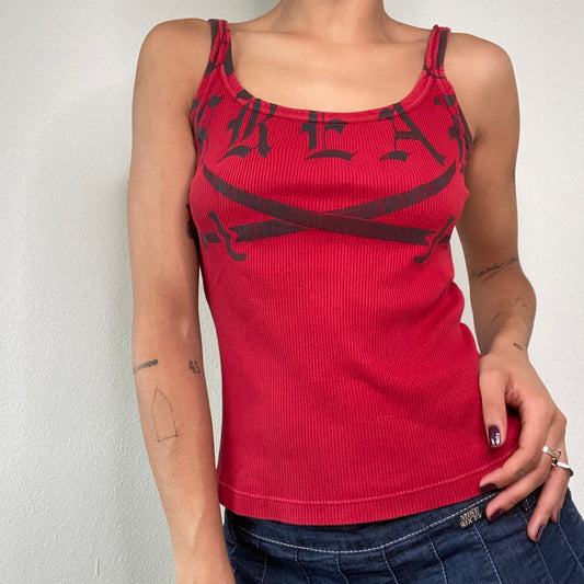 Vintage 90's Archive Miss Sixty Red Tank top with Black Gothic Print (S)