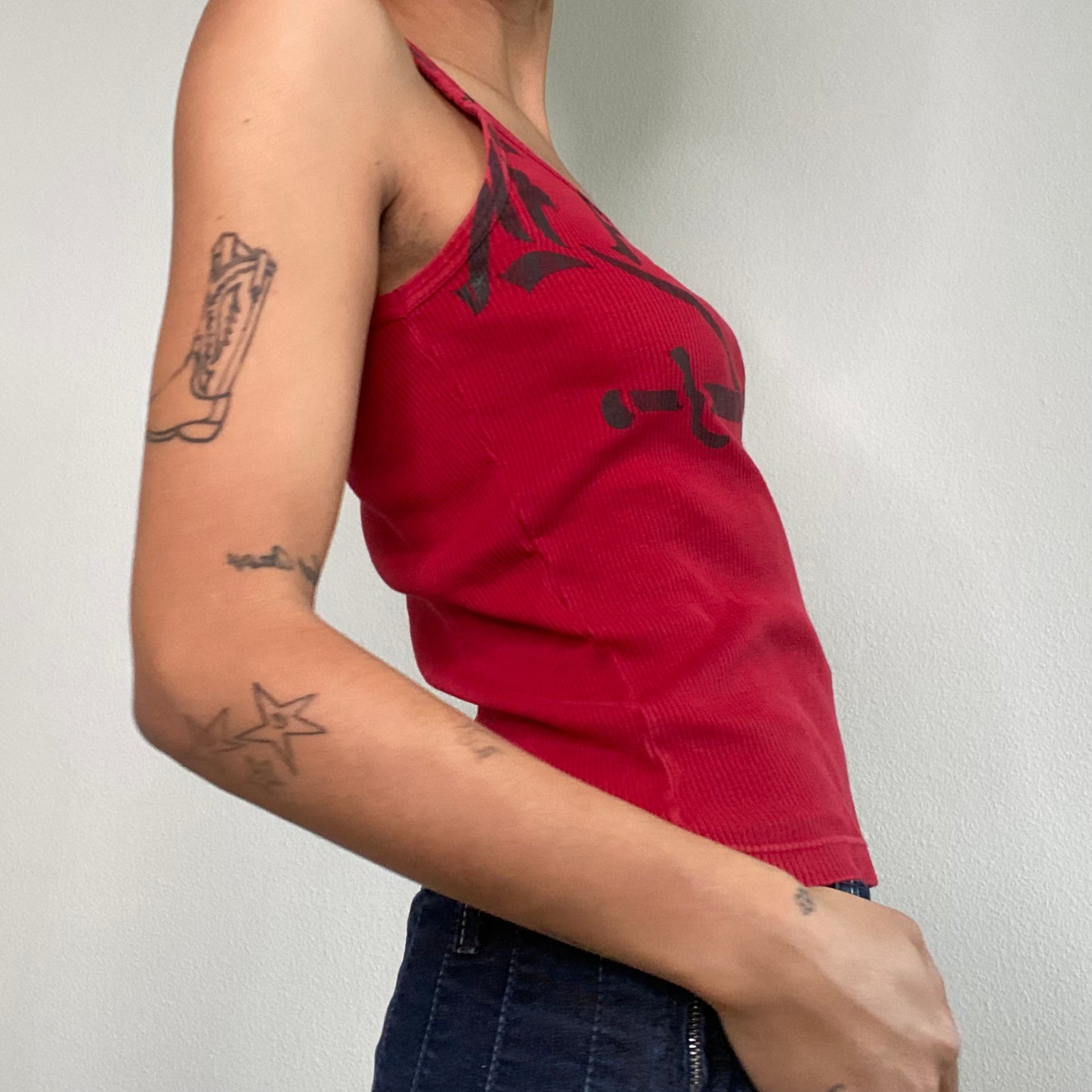 Vintage 90's Archive Miss Sixty Red Tank top with Black Gothic Print (S)