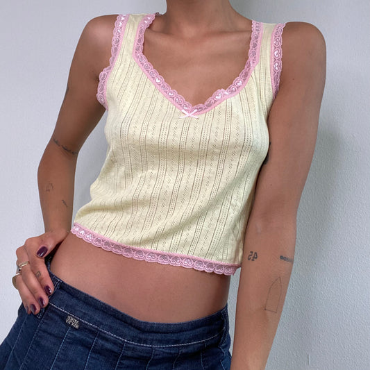 Vintage 90's Cute Yellow Tank Top with Pink Lace Trim (M/L)