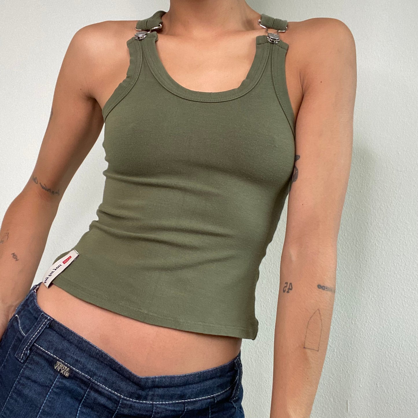 Vintage 90's Grunge Khaki Tank Top With Buckle Details (XS/S)