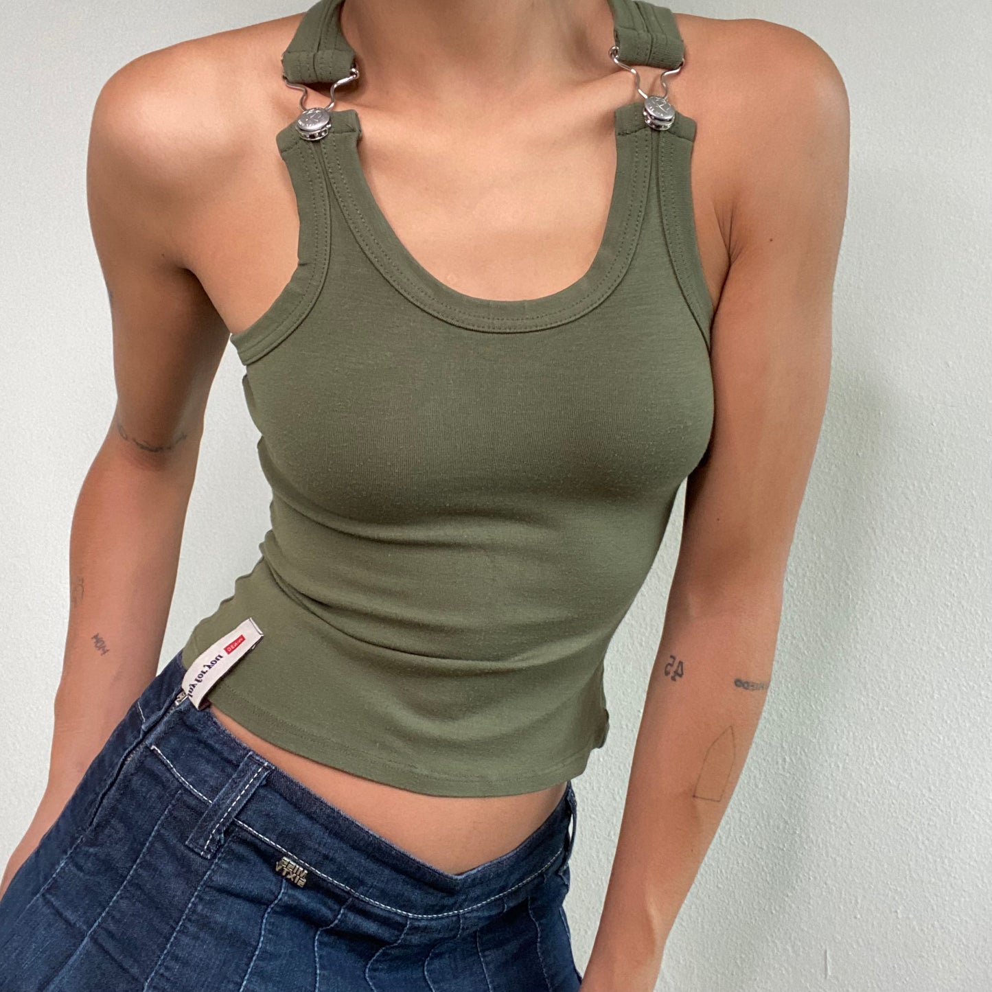 Vintage 90's Grunge Khaki Tank Top With Buckle Details (XS/S)