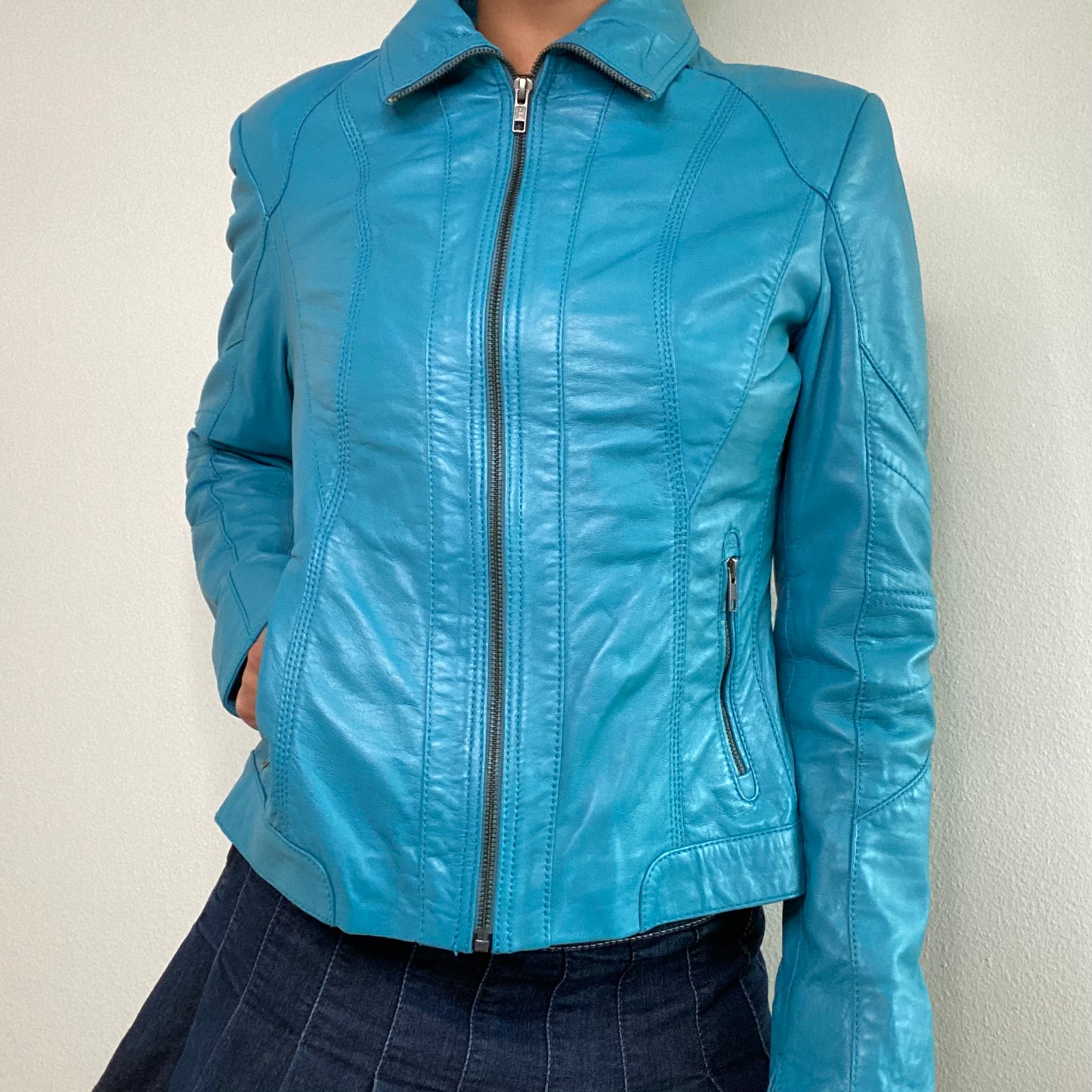 Vintage 90's Bella Hadid Blue Leather Jacket (S/M)