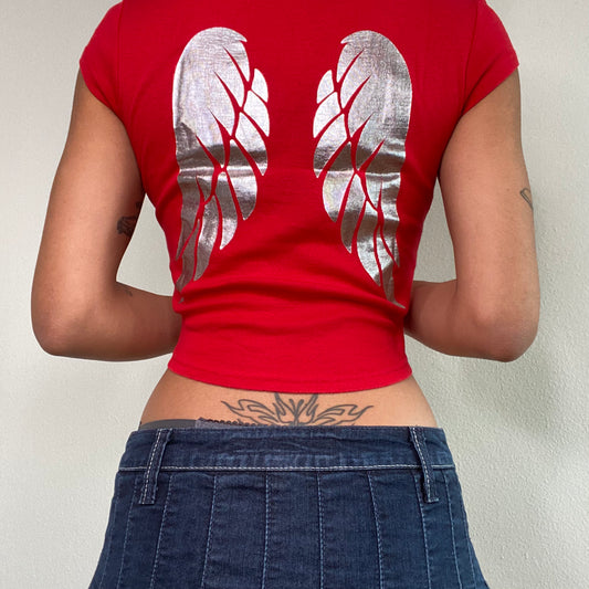 Vintage 90's Skater Red 'Angel' Print Baby Tee with Wings Back Print (XS/S)