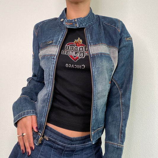 Vintage 90's Bella Hadid Motorcycle Denim Jacket (S)