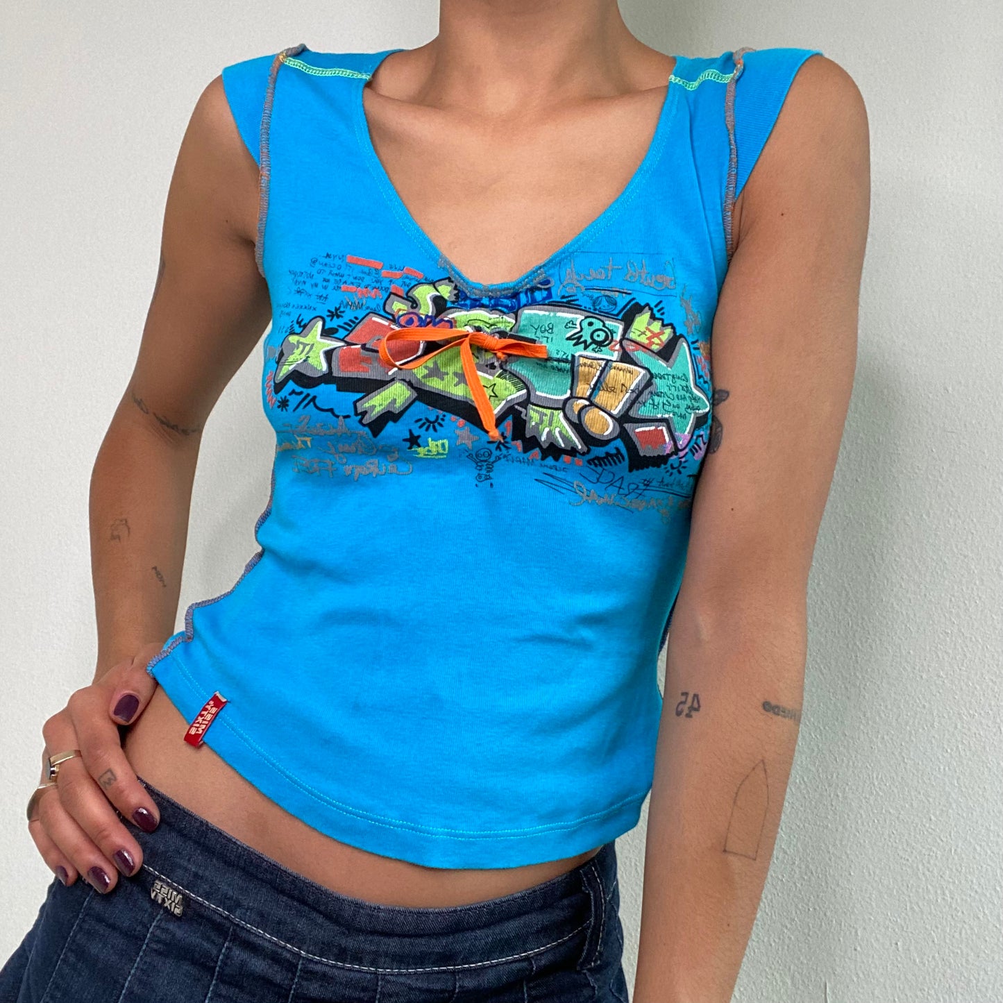 Vintage 90's Archive Miss Sixty Blue Top with Graffiti Print (S)