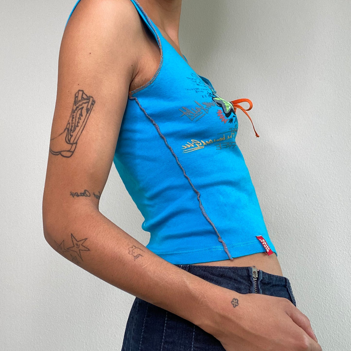 Vintage 90's Archive Miss Sixty Blue Top with Graffiti Print (S)