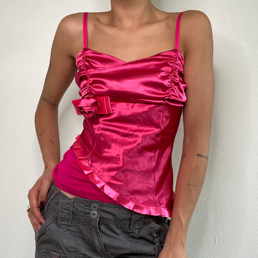 Vintage Y2K Fairy Hot Pink Satin Top with Rose-Bow Detail (S)