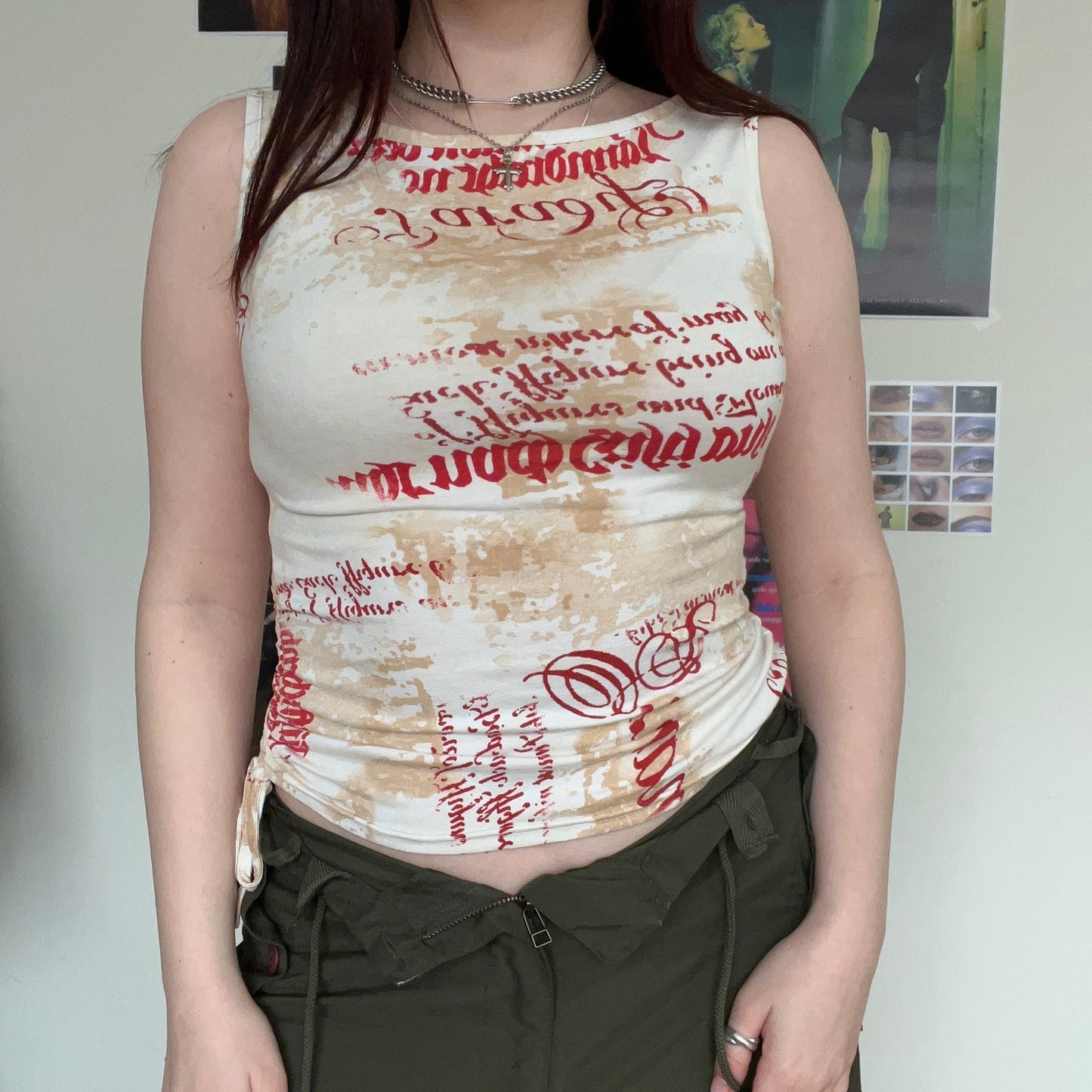 Vintage 90's Archive Tank Top with Red Reinassance Print and Drawstring Detail (L)