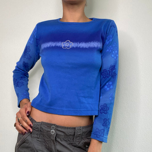 Vintage 90's Phoebe Buffay Blue Longsleeve Top with Flower Detail (S)