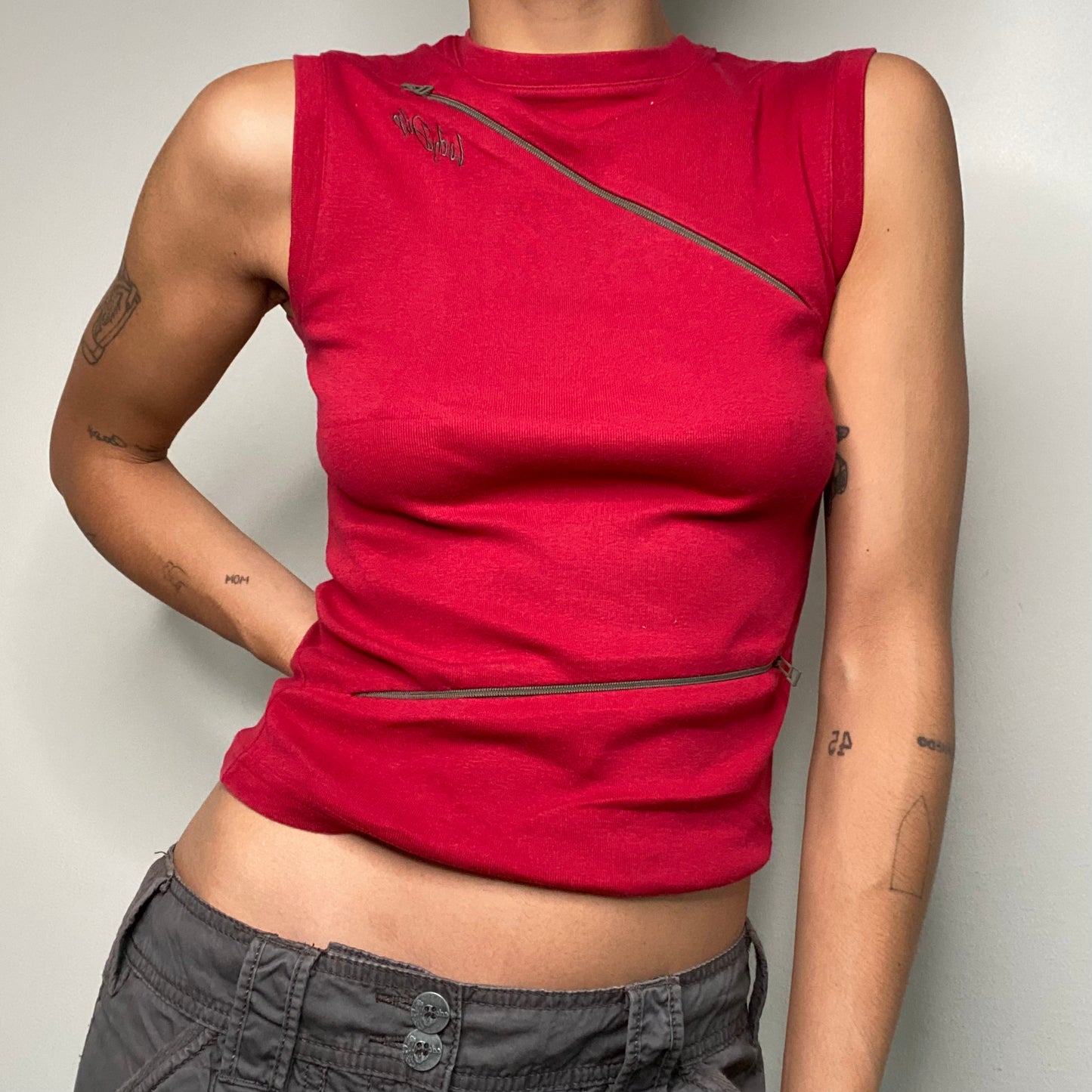 Vintage 90's Rave Red Zipper High Neck Tank Top (S)