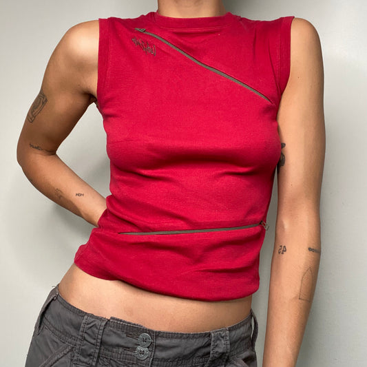 Vintage 90's Rave Red Zipper High Neck Tank Top (S)