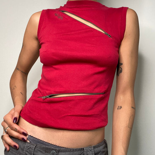 Vintage 90's Rave Red Zipper High Neck Tank Top (S)