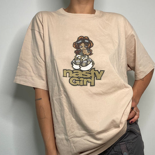 Vintage 90's Skater Oversized Beige T-Shirt with 'Nasty Girl' Print (L)