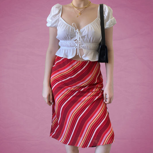 Vintage Y2K Diagonal Stripe Mesh Midi Skirt