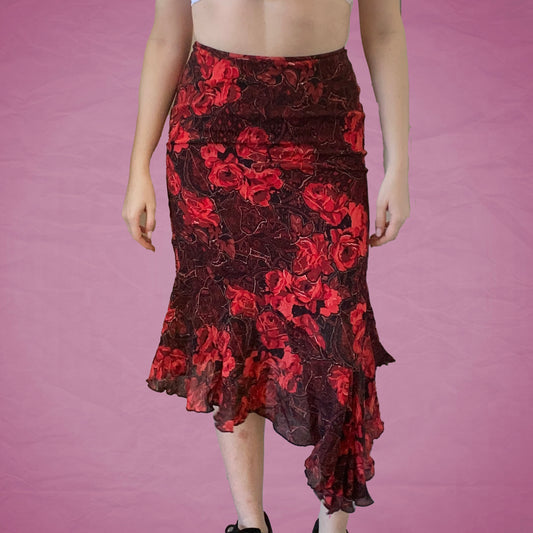 Vintage 90's Fairy Red Roses Maxi Skirt